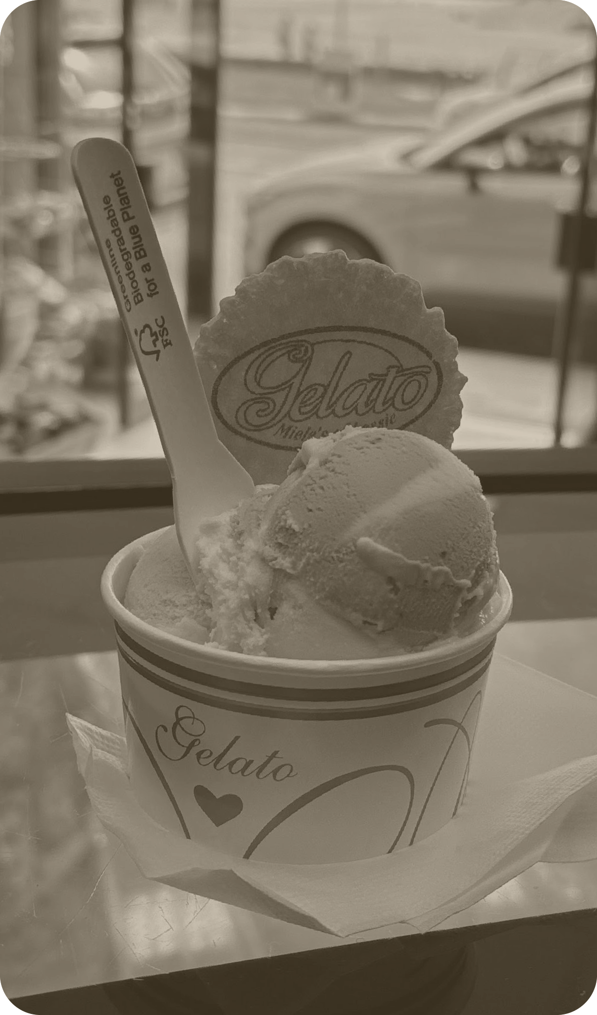 A customer holding Dolce Miele gelato